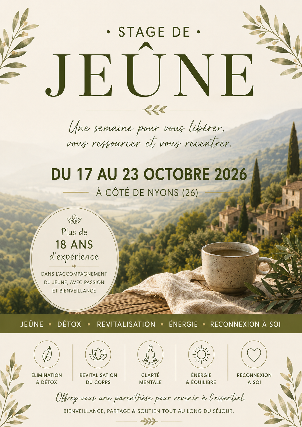 Affiche stage de jeûne et détox près de Nyons du 17 au 23 octobre 2026 naturopathie